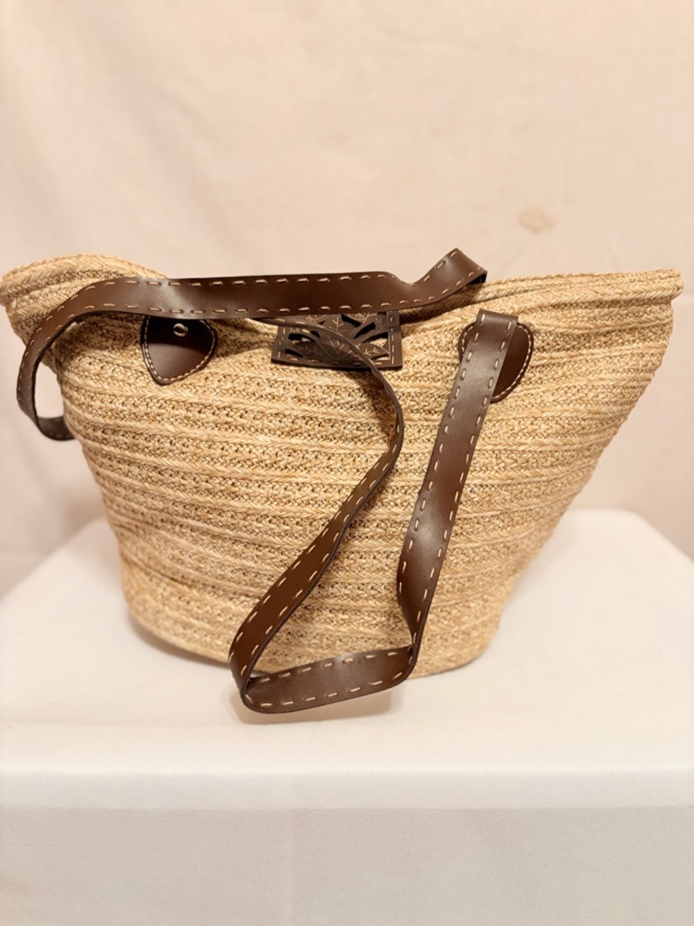 Woven Straw Tote with Decorative Brown Leather Overlay - Picture 4 of 7